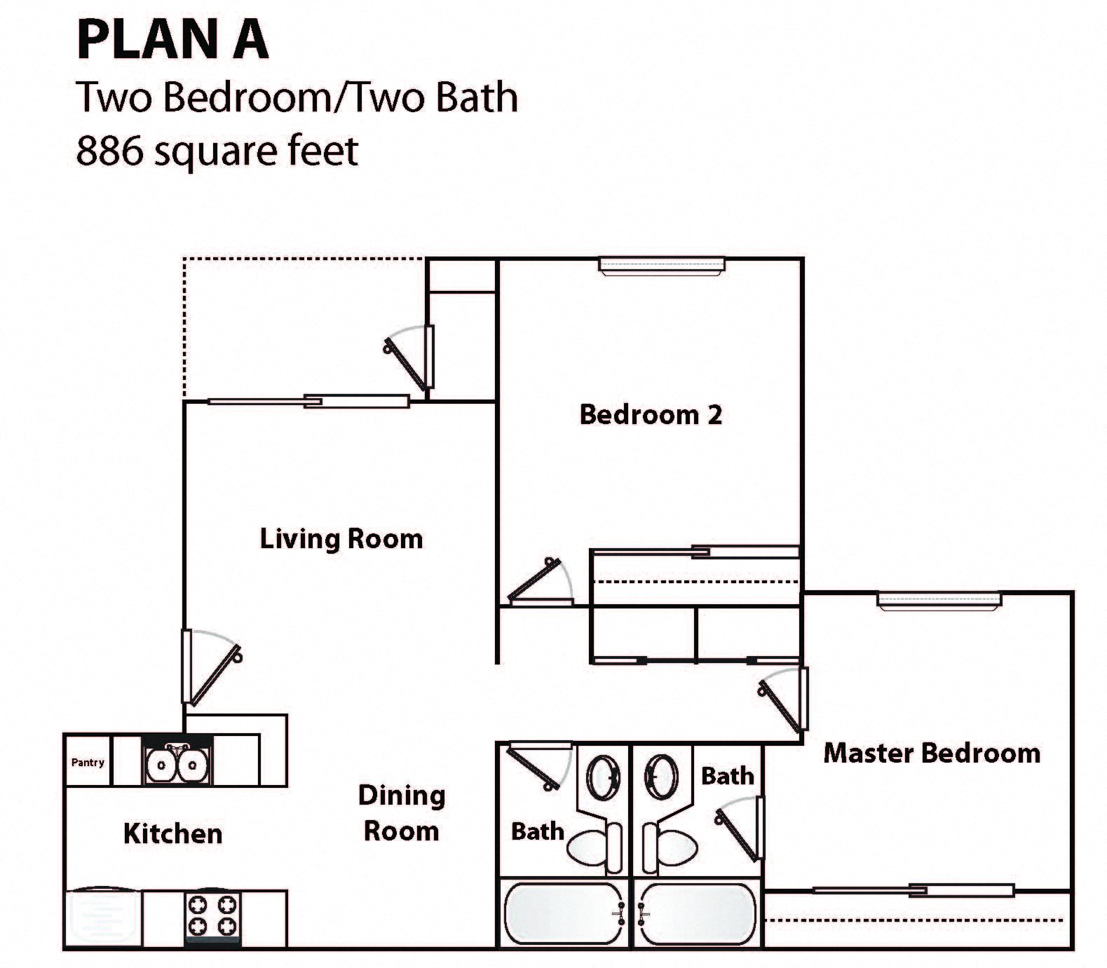 Floor plan for 2 beds, 2 baths, 886 sqft